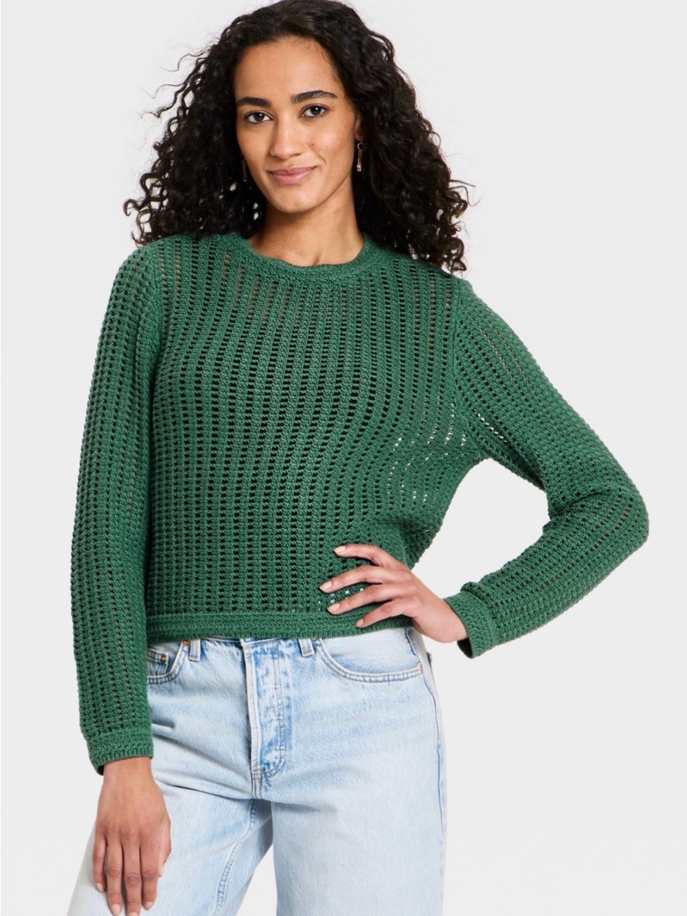 Womens Green Open-Weave Crewneck Sweater Size Large NEW